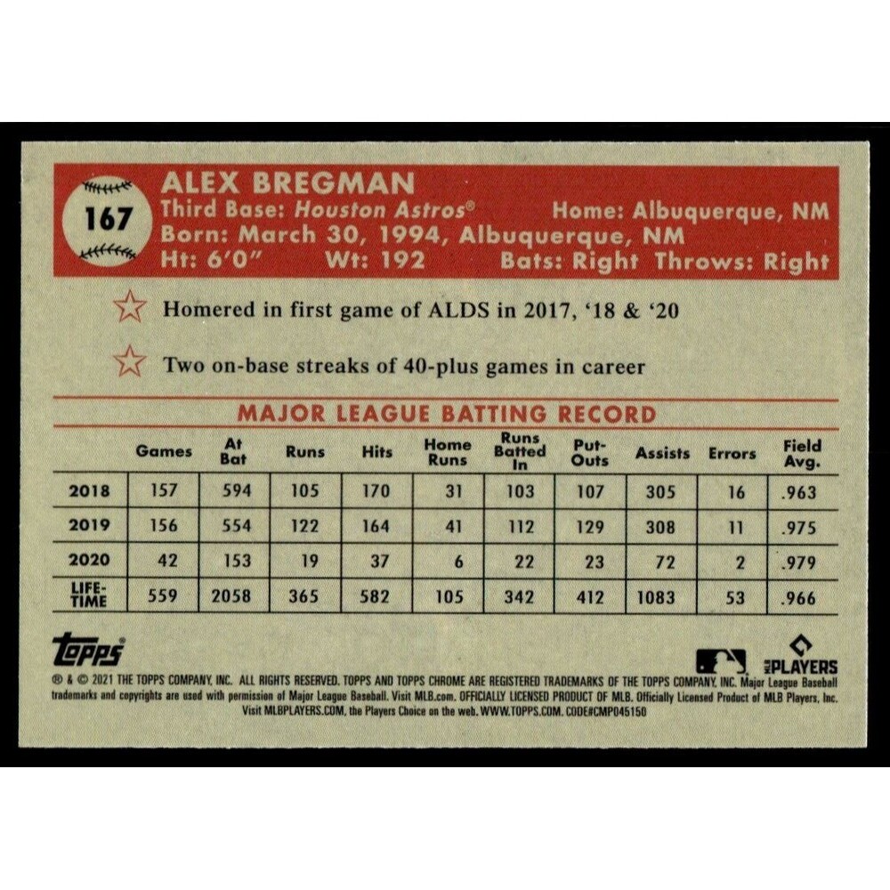 2021 Topps Chrome Platinum Anniversary Alex Bregman Houston Astros #167 - Picture 2 of 2